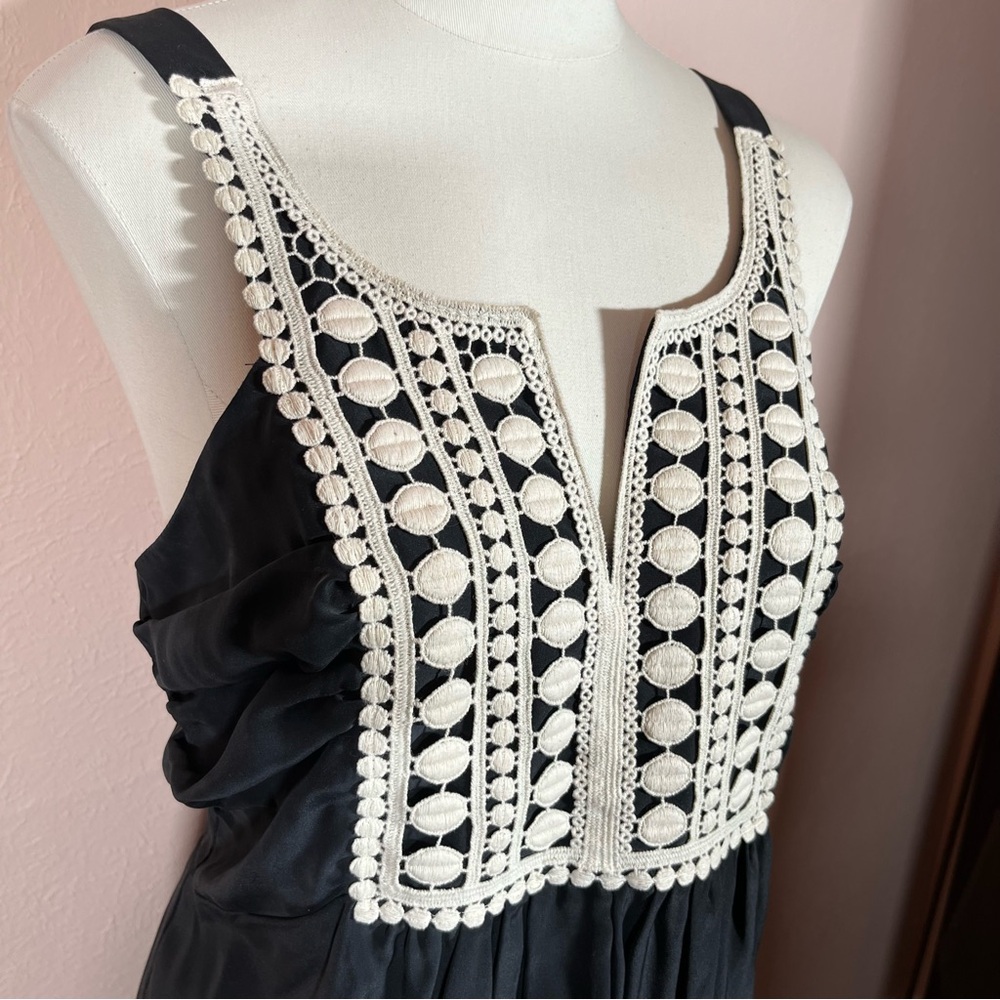 Vintage 90 Y2K Boho Prairie Black silk Art Deco Crochet Lace Festival Tank top